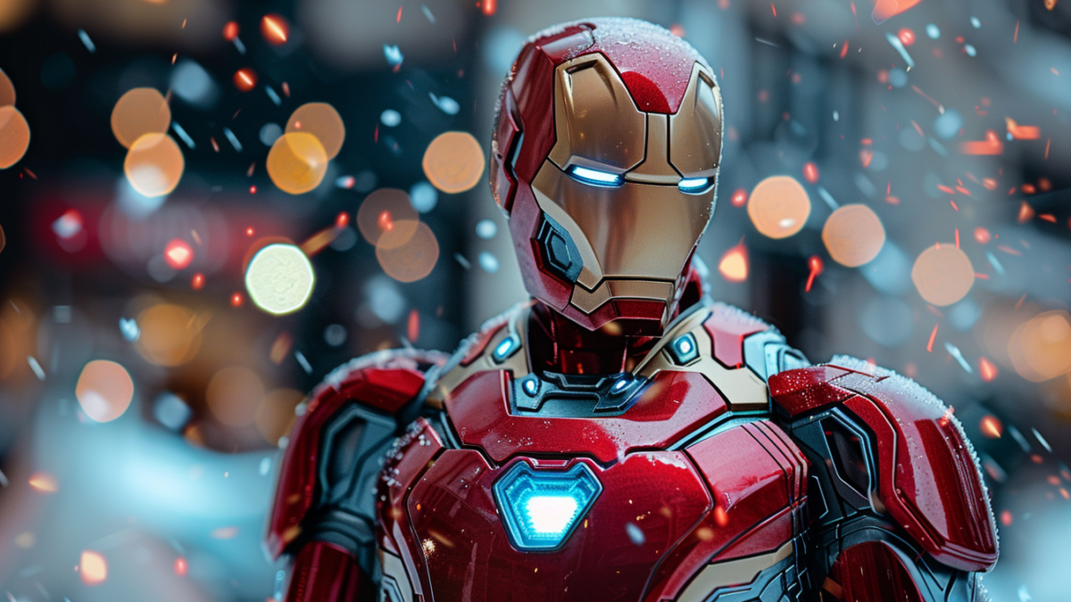 Sběratelská figurka postavy IRON-MAN z filmů od studia Marvel ve sněhové scéně