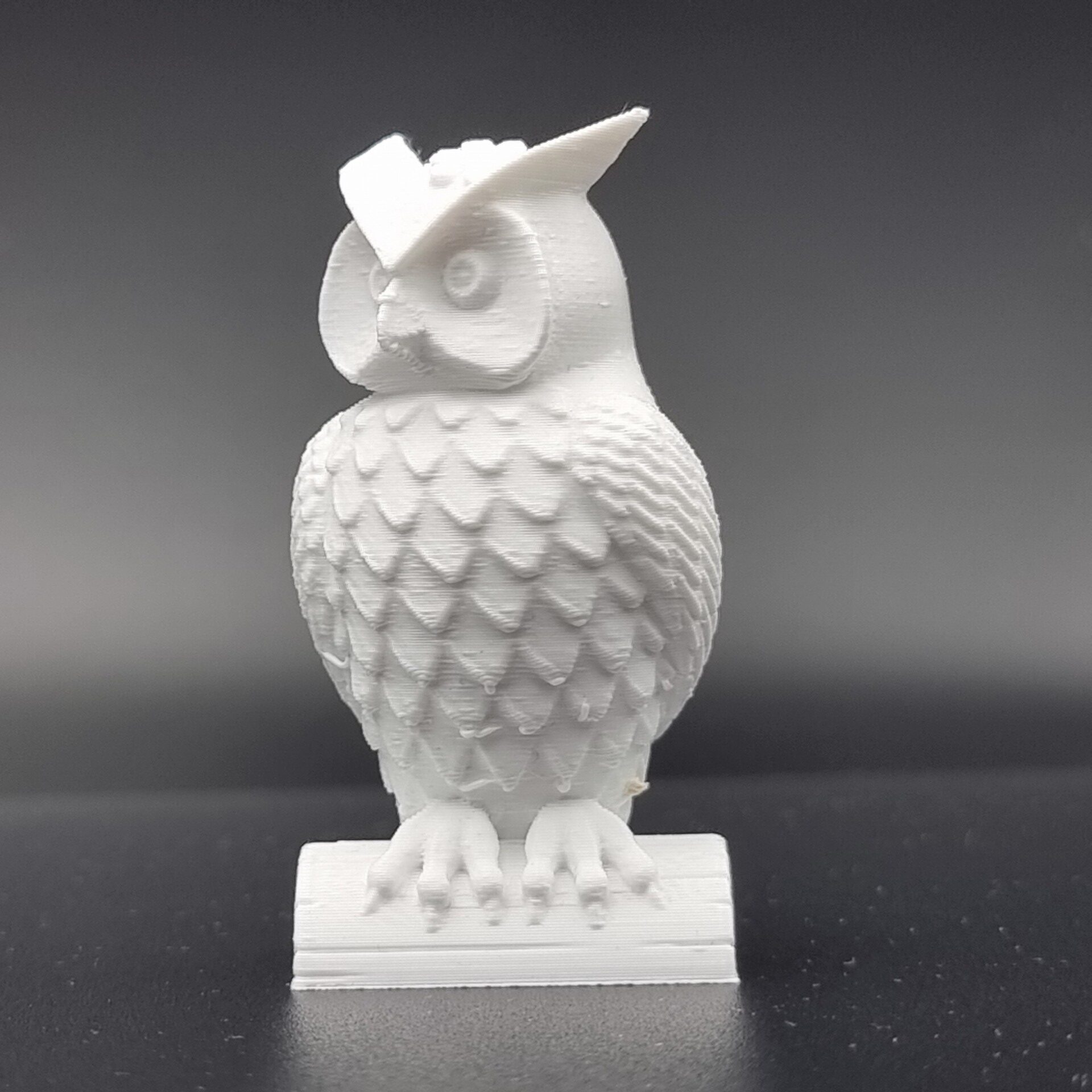 Detailní záběr 3D vytisknutá sova v bílé barvě