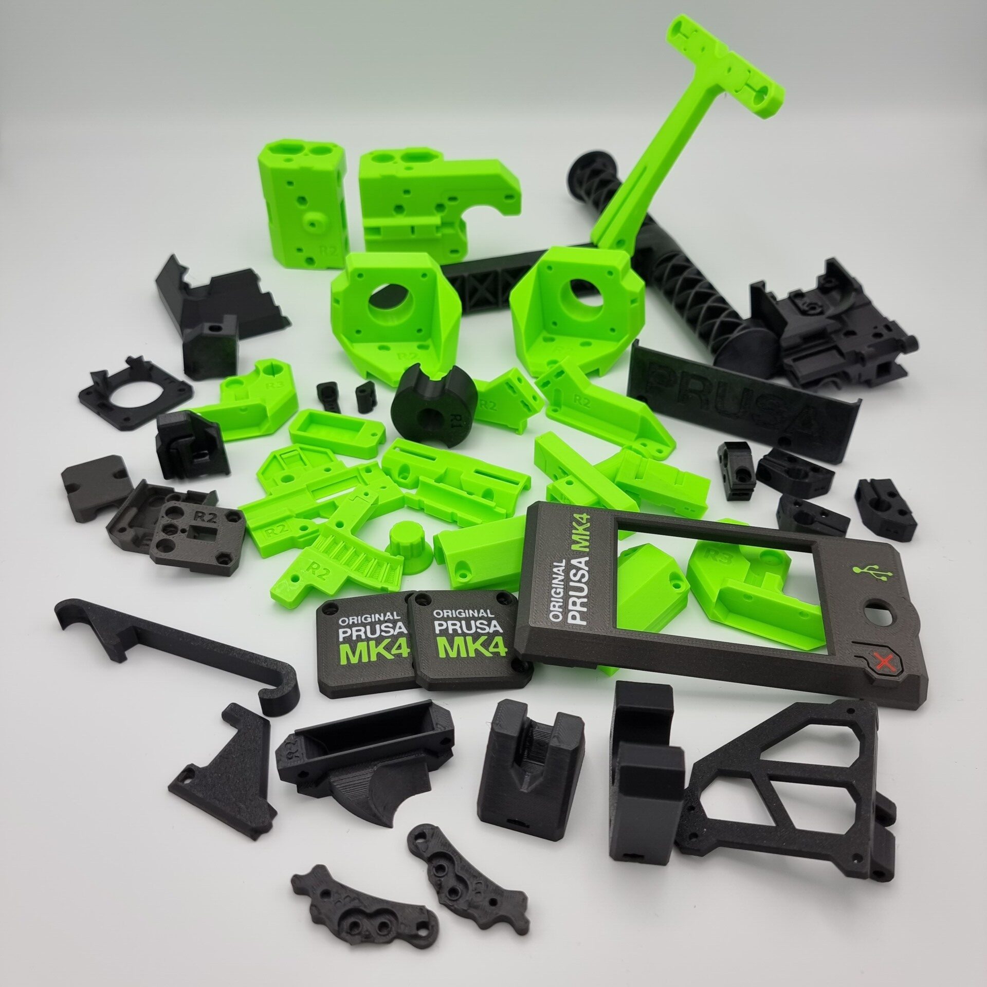 3D vytištěné náhradní díly na tiskárnu PRUSA MK4 v černo zeleným motivu