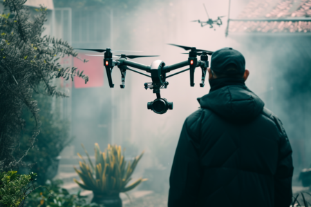 DJI Inspire 3 Dron DJI Inspire 3 před člověkem v mlze